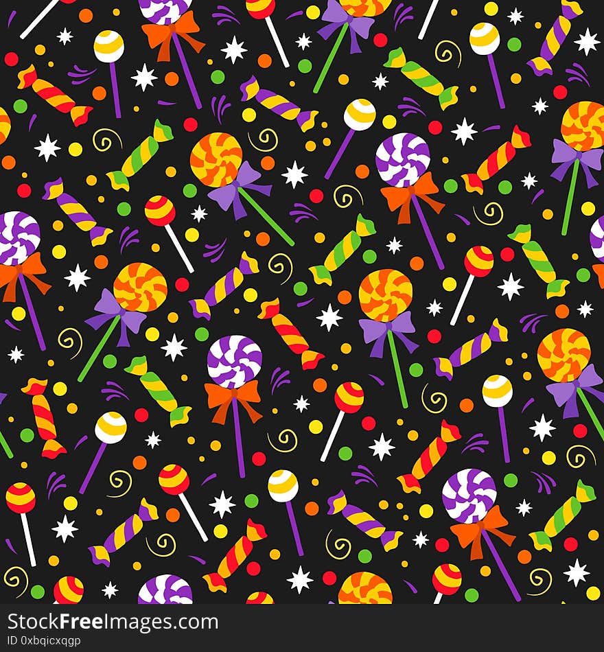 Sweets and candies vector seamless pattern, halloween hand drawn illustration. Sweets and candies vector seamless pattern, halloween hand drawn illustration