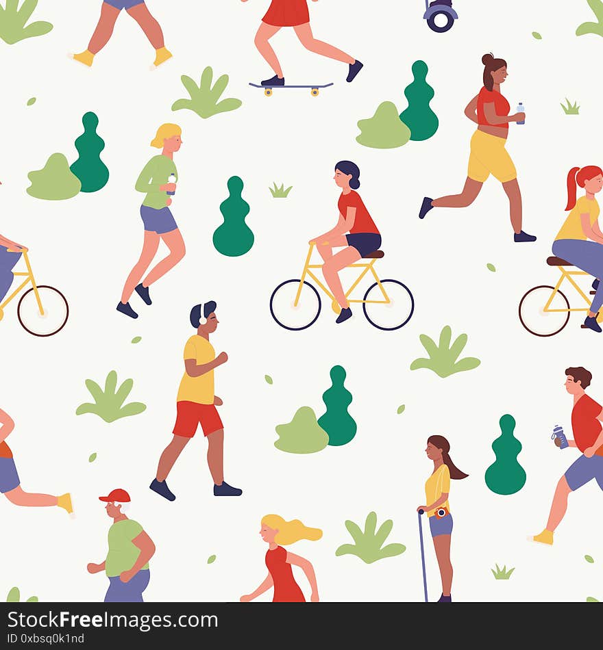 Summer park concept outdoor activity vector illustration. Flat active people spend time in city park together, walking kids, playing dog, cycling, riding hoverboard isolated seamless pattern