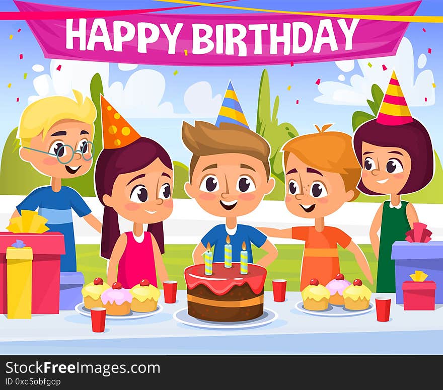 Birthday Party Vector Illustration With Happy Kids