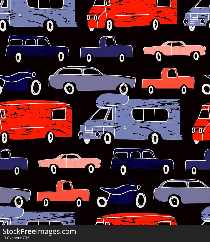 City cars and transport cartoon seamless pattern