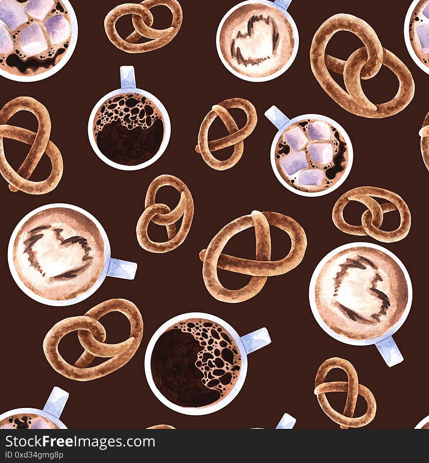 Seamless pattern with coffee mugs and pretzels. Americano, cappuccino, latte. Watercolor seamless texture for print, textile, design, decor. Seamless pattern with coffee mugs and pretzels. Americano, cappuccino, latte. Watercolor seamless texture for print, textile, design, decor.