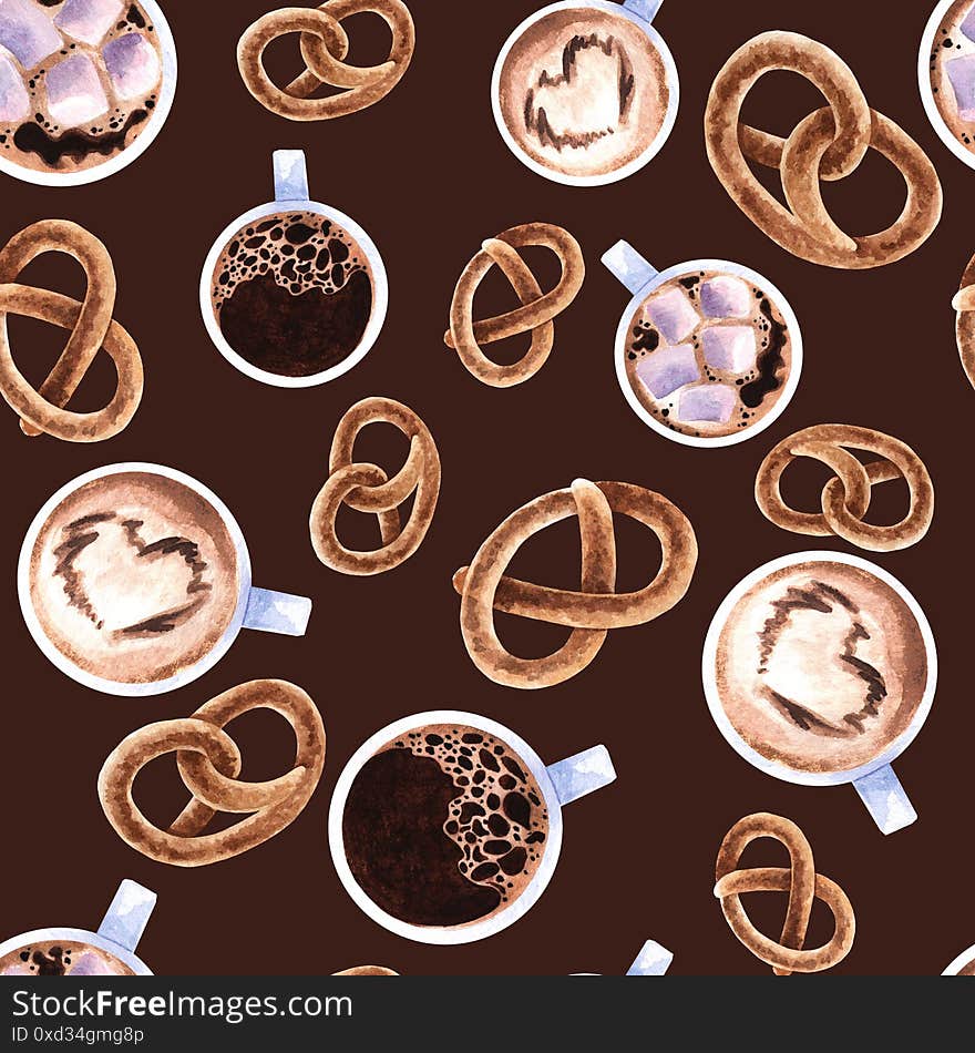 Seamless pattern with coffee mugs and pretzels. Watercolor seamless texture for print, textile, design, decor.