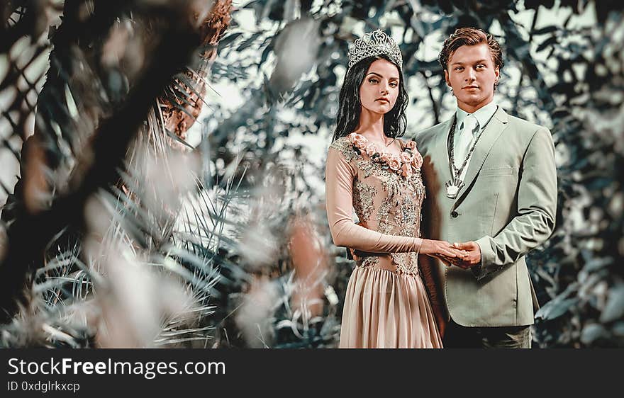 Gorgeous lady in long evening dress with tiara on a head and handsome men in classic suit. Young couple in love pose on nature looking at camera holding hands photo shoot outdoors. Bride groom concept. Gorgeous lady in long evening dress with tiara on a head and handsome men in classic suit. Young couple in love pose on nature looking at camera holding hands photo shoot outdoors. Bride groom concept