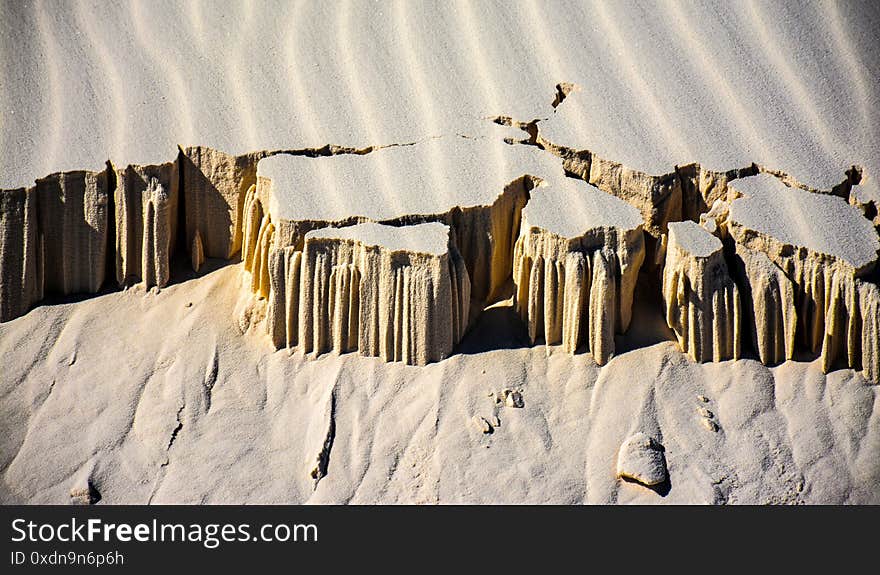 Crumbling sand cliffs return to dunes in the hot summer heat. Crumbling sand cliffs return to dunes in the hot summer heat.