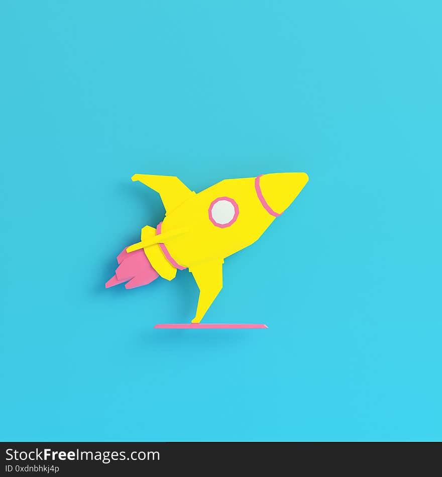 Yellow rocket with stand on bright blue background in pastel colors. Minimalism concept. 3d render