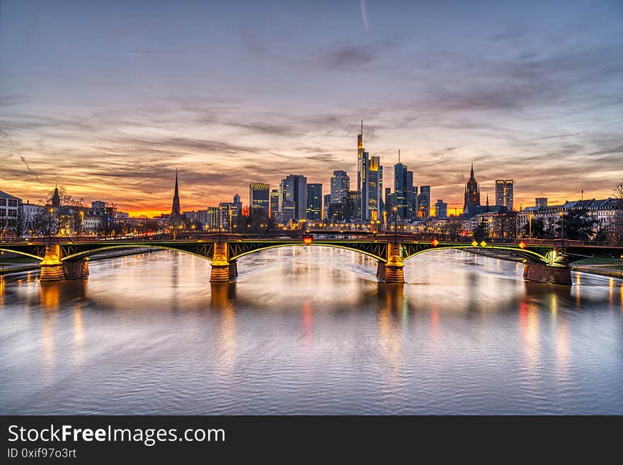 Beautiful sunset over downtown Frankfurt