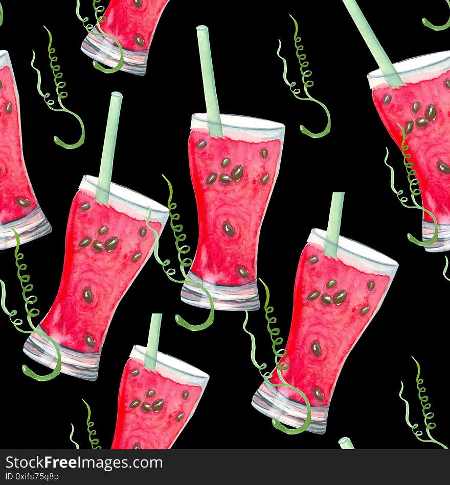 Seamless watercolor background with watermelon cocktail and straw