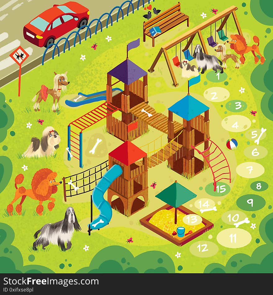 Dog-Moms With their Puppies. Puppies are looking for their moms. Board Game.Playground for dogs. Colorful Illustration.