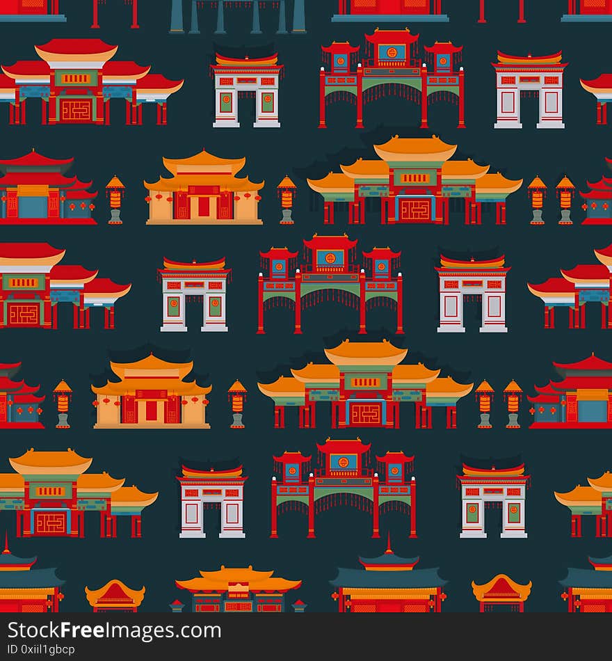 Seamless vector pattern with Chinese temples, gates and buildings