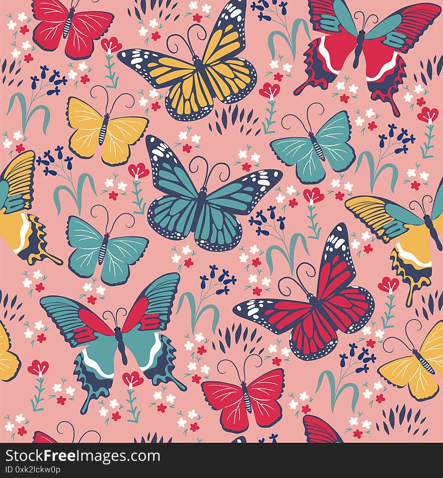 Seamless Pattern With Butterflies And Flowers. Vector Graphics