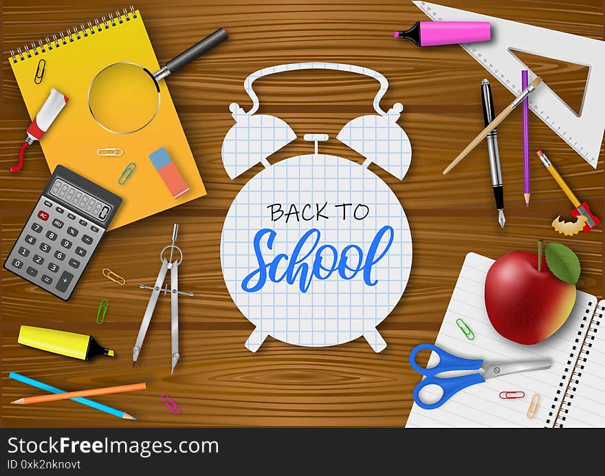 Back to school poster with realistic school accessories on wooden background