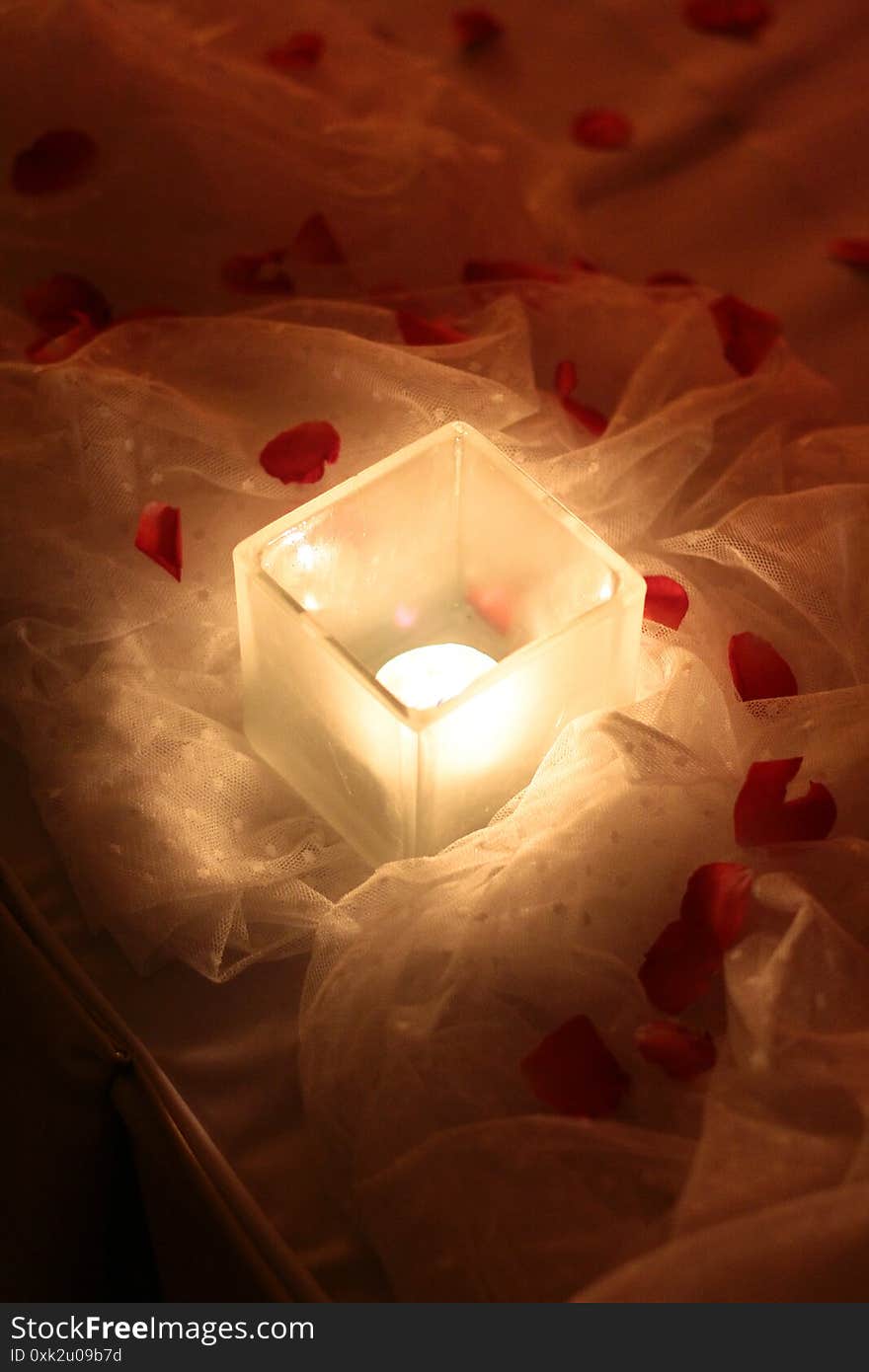 Candle light and red roses petals decoration on white cloth for valentine day