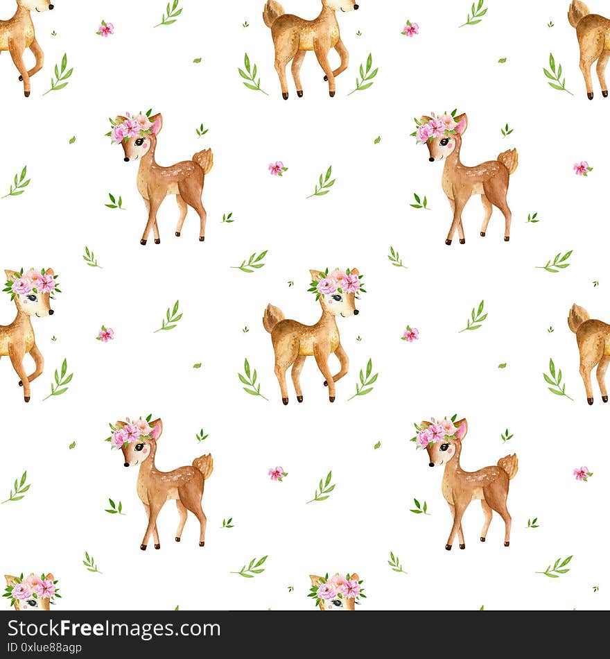 Cute Watercolor Baby Deer Animal Seamless Pattern, Nursery Isolated Illustration For Children Clothing, Patterns