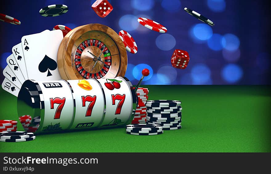3D illustration of casino concept background with slot reel, flying chips, dice, roulette wheel and Royal Flush card combination on green casino table