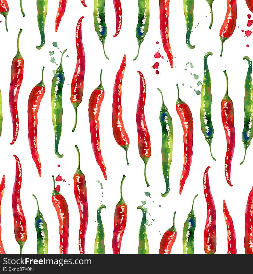 Red And Green Hot Chilli Peppers Watercolor Seamless Pattern Isolated On White Background.