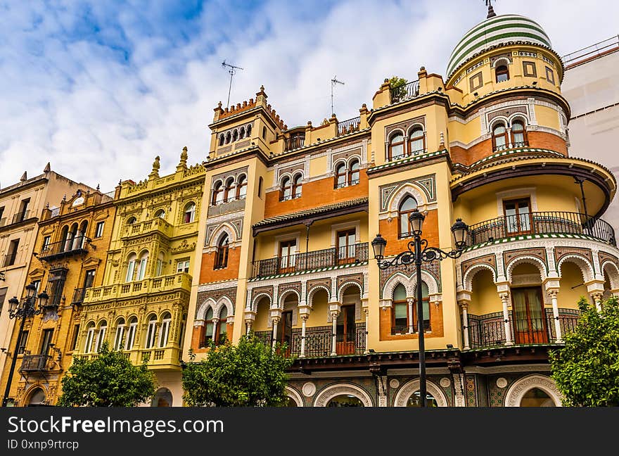 Facades of buildings rue de la constitution in Seville in Andalusia in the south of Spain.