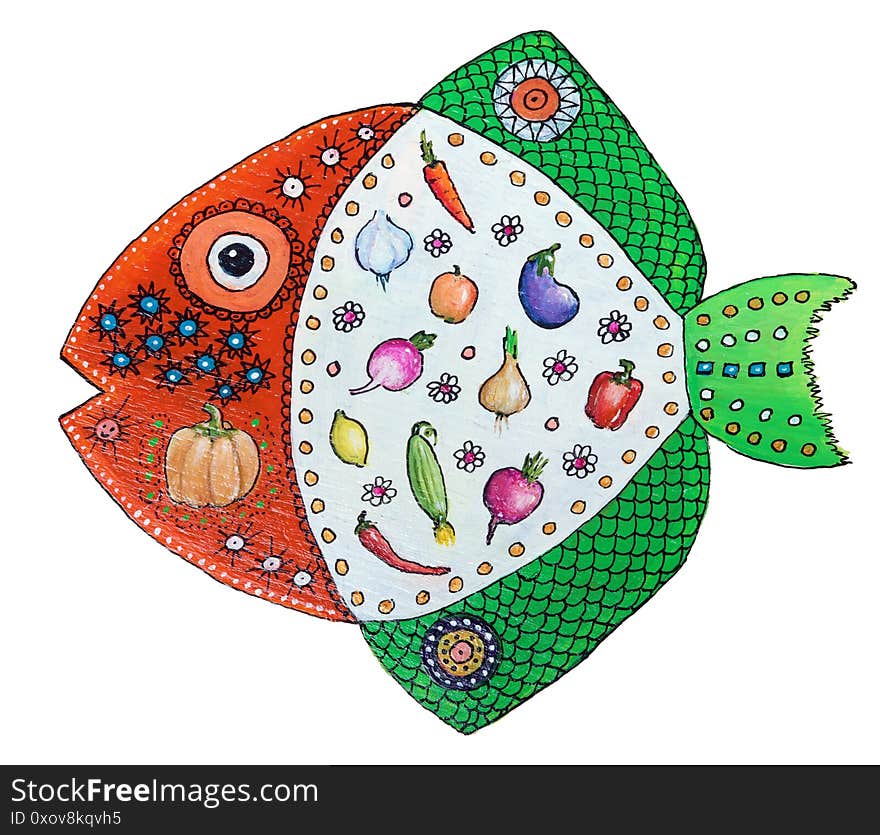 Funny cool  fish painted with acrylics on a old wooden chair. Handmade art object. Isolated on white. Funny cool  fish painted with acrylics on a old wooden chair. Handmade art object. Isolated on white