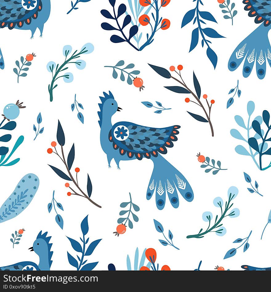 Vector seamless pattern with blue bird, branches, leaves and berries in a folk art style. Flat design. Isolated on white