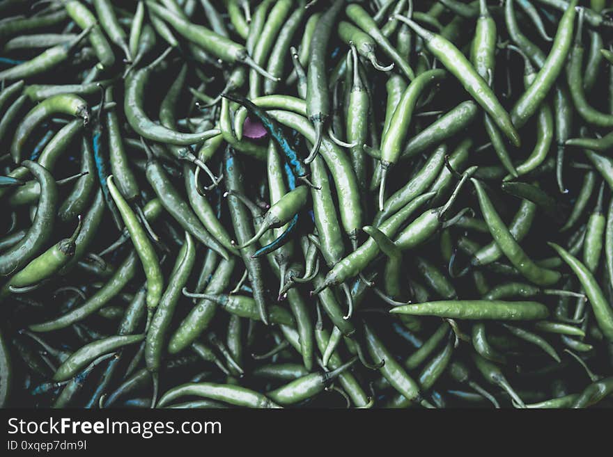 Close up of green chili peppers. Green food pattern