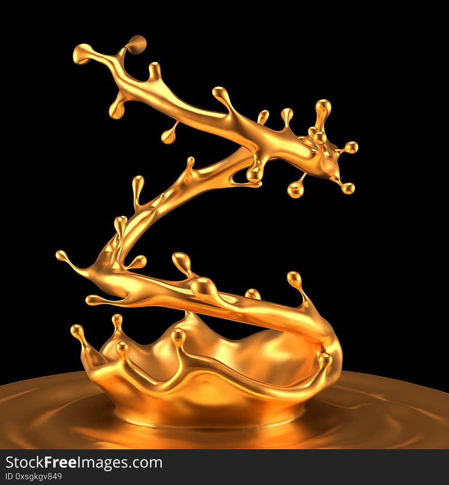 Gold splash liquid black background. 3d illustration, 3d rendering