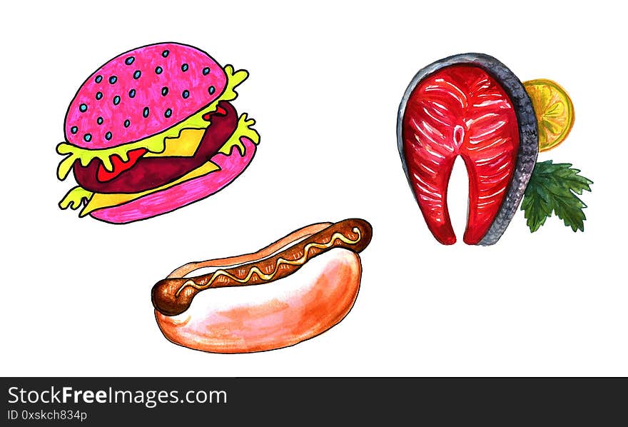 Pink burger, hot dog, and red salmon. Hand drawn marker fast food isolated on white backround. Delicious food