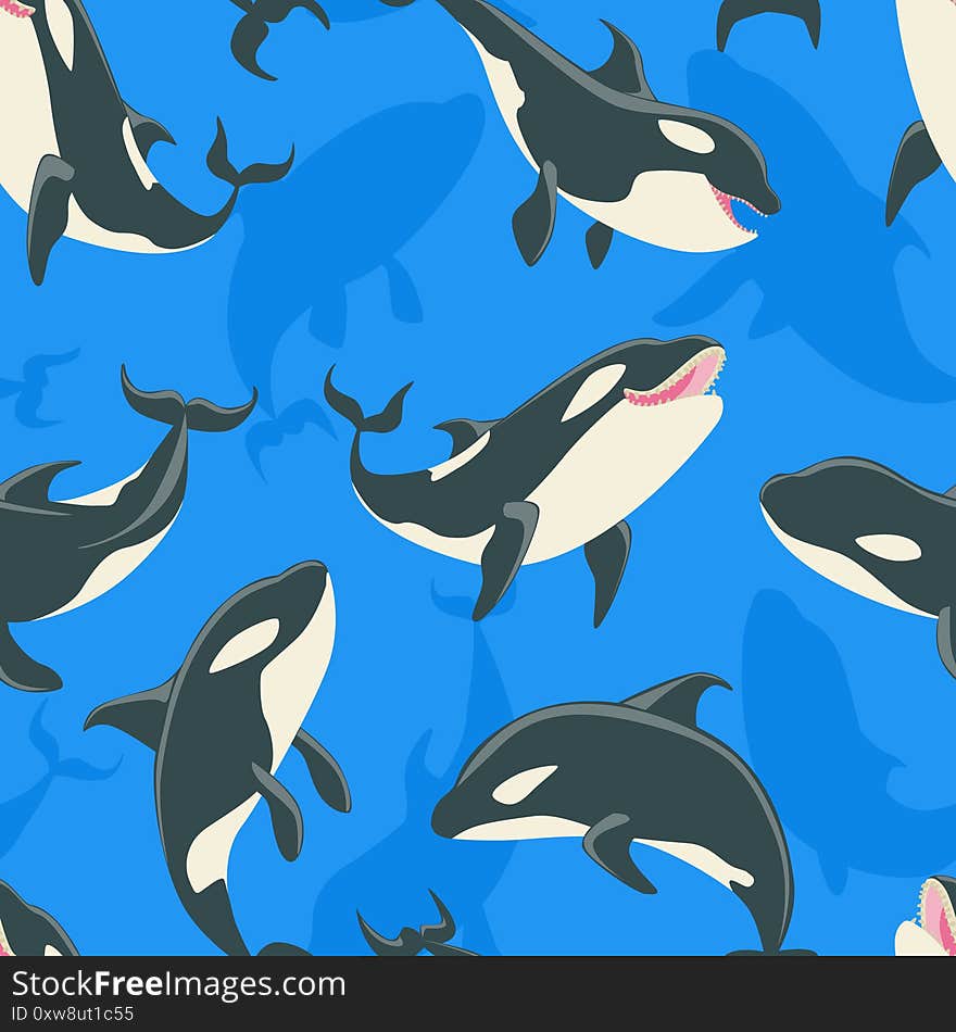 Killer Whales Seamless Pattern, Cute Orca Whale Sea Predatory Fish Vector Illustration