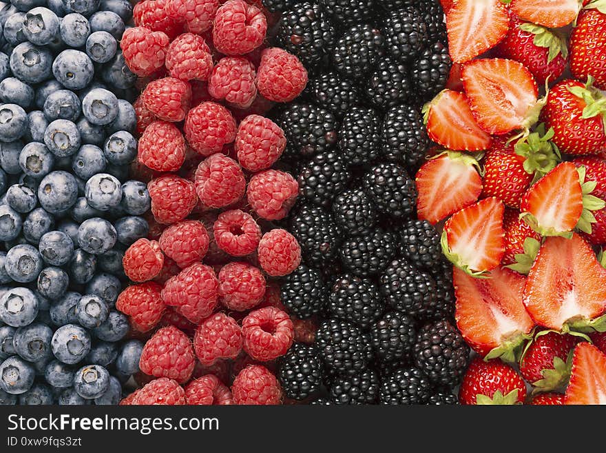 Berries overhead closeup colorful assorted mix of strawberry, blueberry, raspberry, blackberry, top view