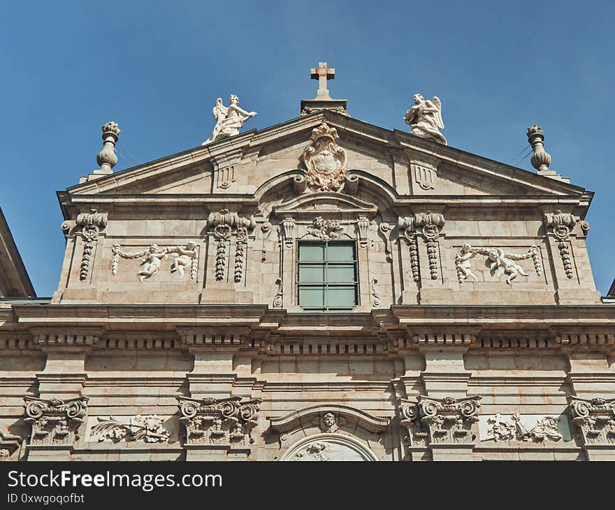 Facade Of An Old Building In Madrid. Nice Design. Spring Day