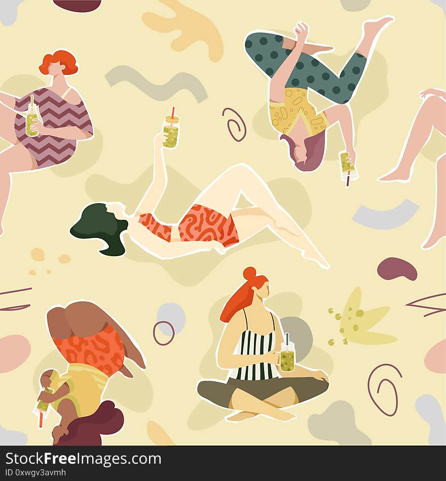 Seamless pattern with women.Vector pattern design of diverse females with jar or bottle or glass filled by green smoothies. Diversity, healthy lifestyle, detox program, diet concept