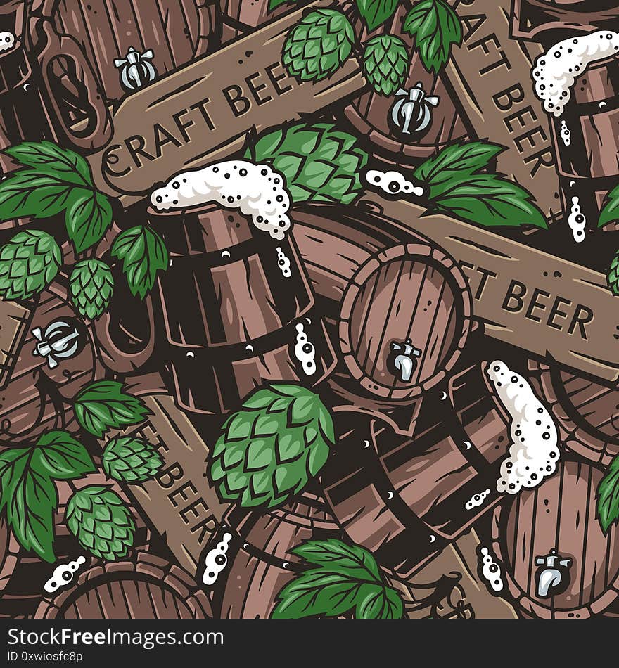 Color seamless pattern with barrel, hop and craft beer mug, wooden sign and foam for octoberfest bavarian design