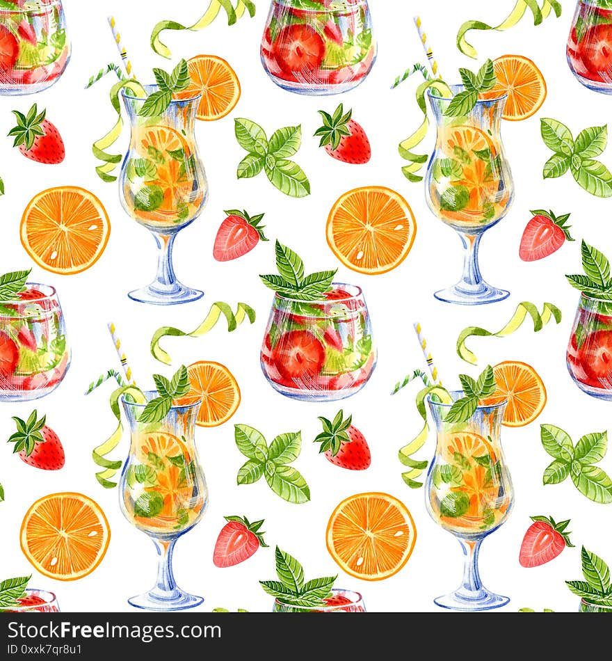 Seamless pattern with lemonades, coctails and fruits on white background. Watercolor hand drawn illustration.