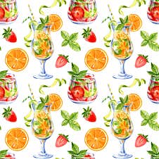 Seamless Pattern With Lemonades, Coctails And Fruits On White Background. Watercolor Hand Drawn Illustration Royalty Free Stock Images