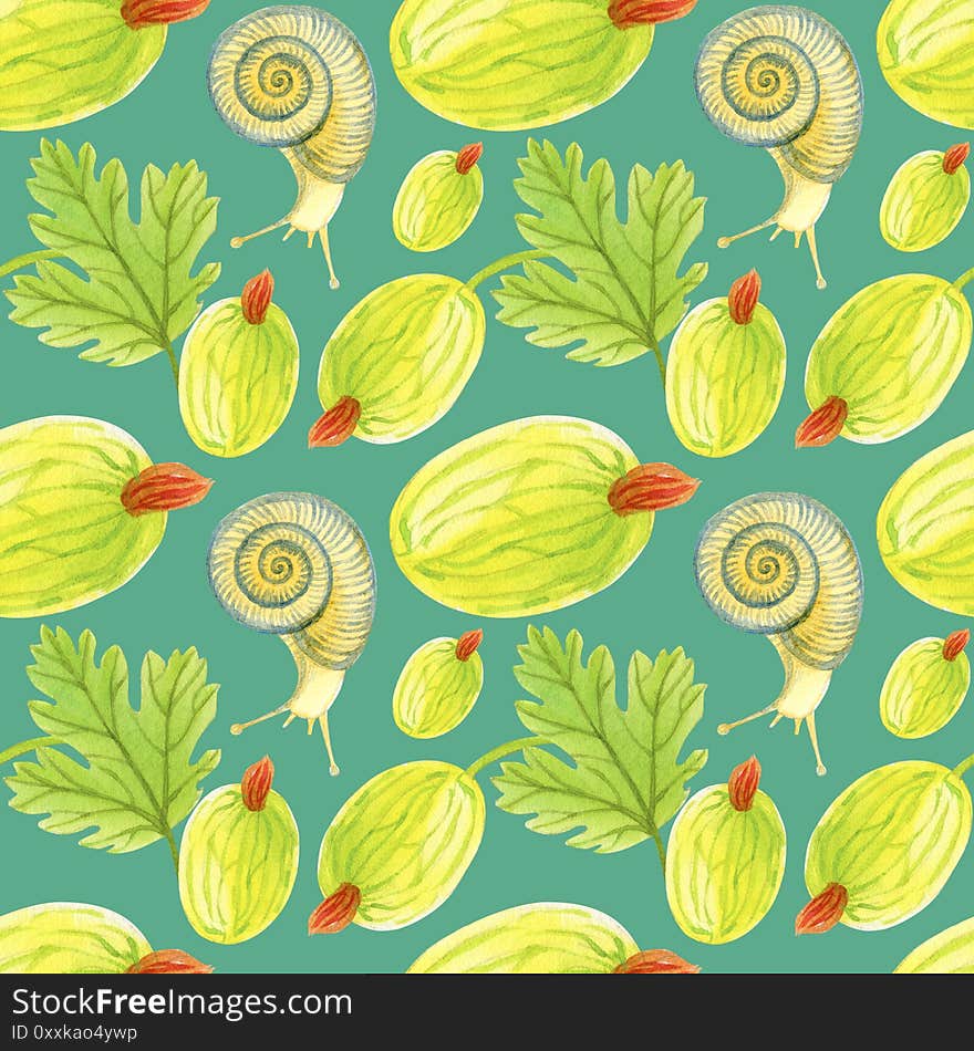 Seamless pattern with watercolor gooseberry and snails. Perfect for greetings, invitations, manufacture wrapping paper, textile and web design.