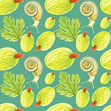 Seamless Pattern With Watercolor Gooseberry And Snails. Perfect For Greetings, Invitations, Manufacture Wrapping Paper, Textile Stock Photos