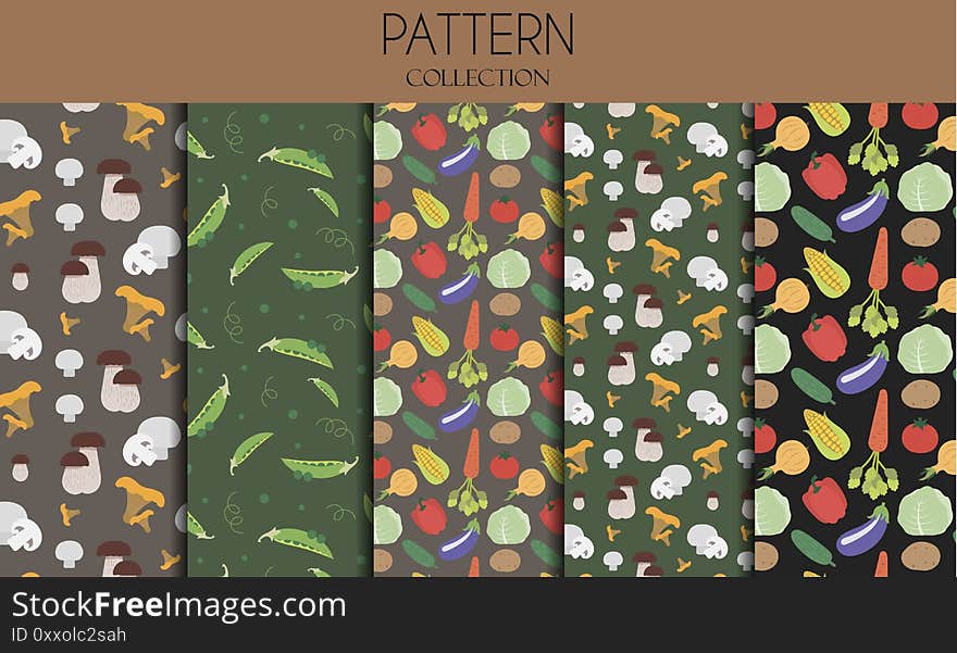 A set of seamless patterns with vegetables. Flat illustration design with peas, mushrooms, cabbage, avocado, broccoli