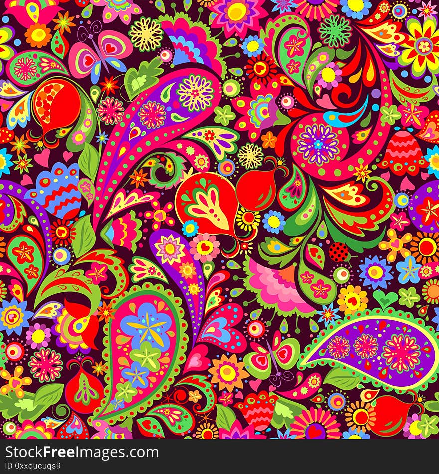 Seamless Floral Decorative Ethnic Abstract Colorful Wallpaper With Flowers, Paisley And Pomegranate