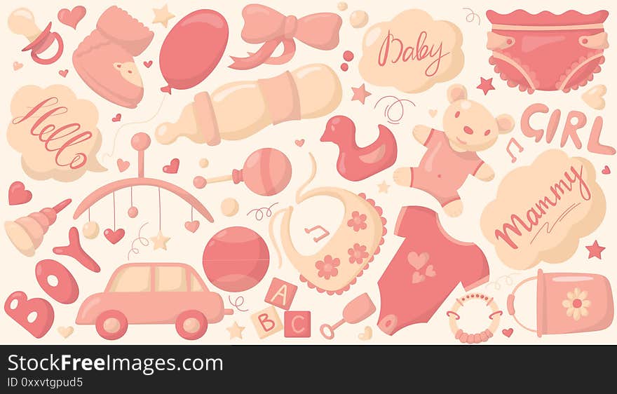 Vector illustration of cartoon baby pattern with things for a newborn