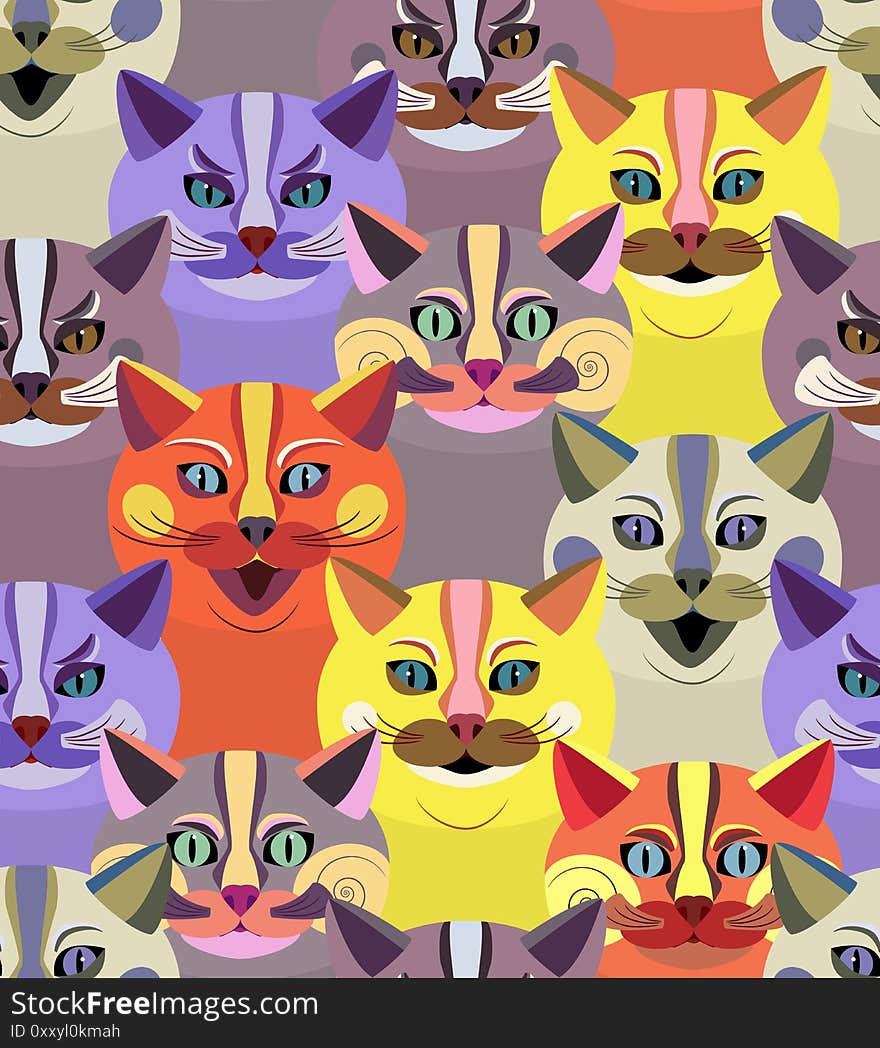 Seamless pattern with bright cute cats. Endless texture with cartoon animal faces. Children`s print. Background with silhouettes of fabulous cats. Vector illustration. Seamless pattern with bright cute cats. Endless texture with cartoon animal faces. Children`s print. Background with silhouettes of fabulous cats. Vector illustration