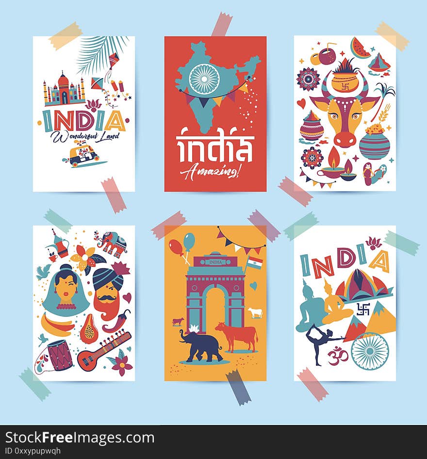 India set Asia country vector Indian architecture Asian traditions buddhism travel isolated icons. India set Asia country vector Indian architecture Asian traditions buddhism travel isolated icons.