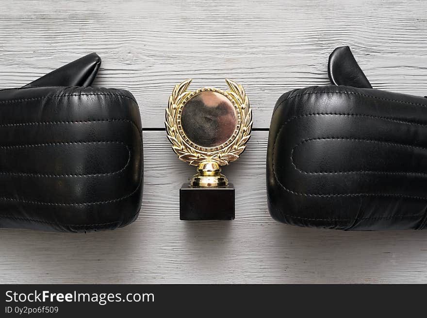 Boxing gloves and golden award trophy medal on the gray flat lay background. Boxing gloves and golden award trophy medal on the gray flat lay background