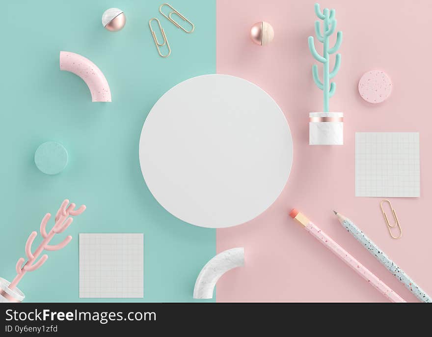 Top view of white circular with copy space for text, cactus, paper clip, note, sphere, pencil and geometric objects on pastel background. Minimal 3D Render illustration.