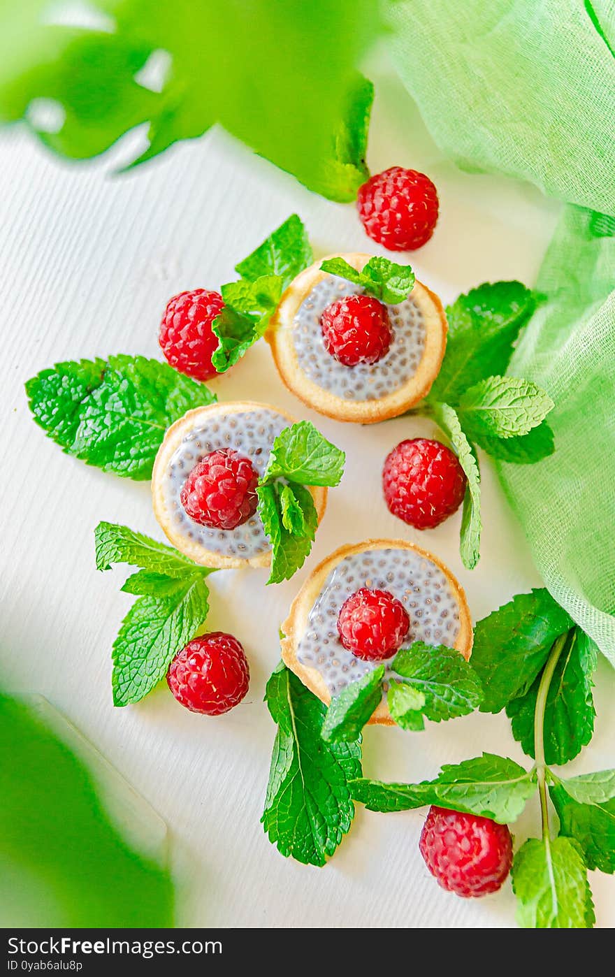 Light Summer Dietary Dessert Proper Nutrition Is A Tart With Chia Seeds, Raspberries And Mint. Healthy Food For Those Who Look