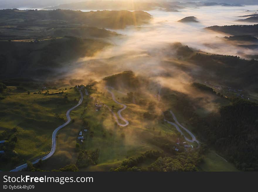 Drone View Of Beautiful Summer Mountains Covered With Mist