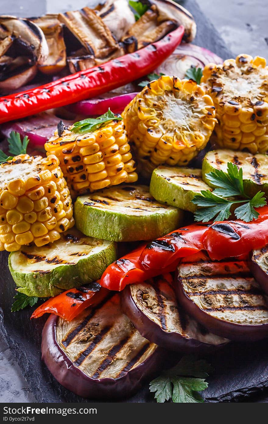 Delicious Fresh Grilled Vegetables On A Stone Plate