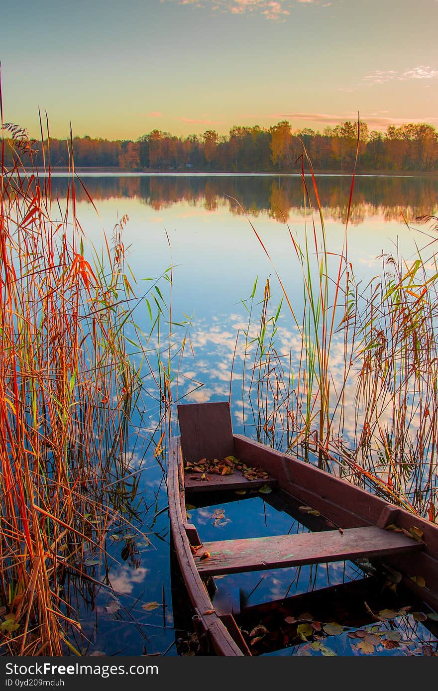 Fall autumn landscape. Old boat with water inside. Lake water with leaves. Beautiful scenic lake landscape. Fall autumn landscape. Old boat with water inside. Lake water with leaves. Beautiful scenic lake landscape