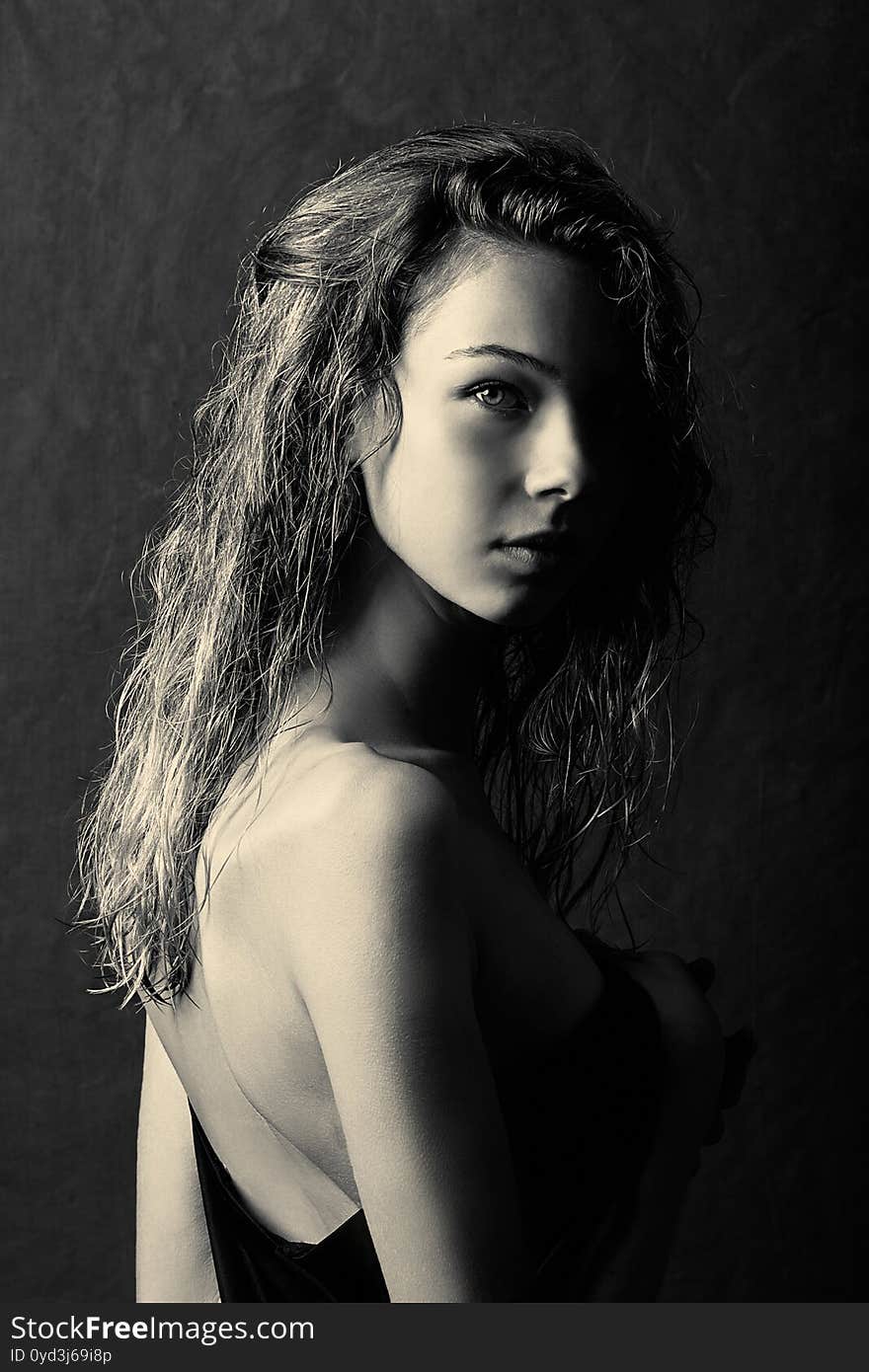 Black and white portrait of  girl with long curly wet hair, bare back, turned to  side, dark shadows on body,  mysterious portrait, textural background, portrait made in  photo studio,. Black and white portrait of  girl with long curly wet hair, bare back, turned to  side, dark shadows on body,  mysterious portrait, textural background, portrait made in  photo studio,