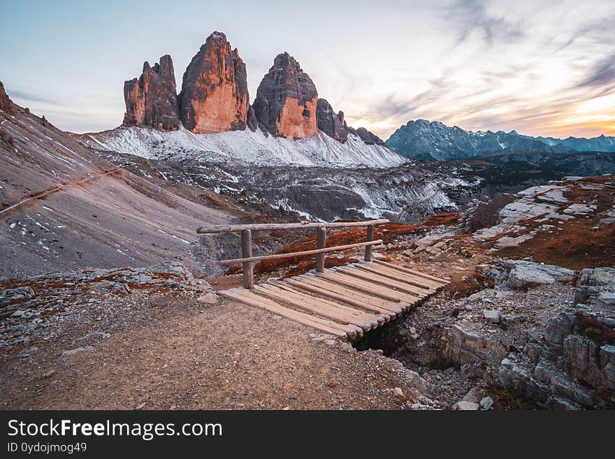 Beautiful Sunset At Tre Cime Di Lavaredo Drei Zinnen And Rifugio Lacatelli , Dolomites, South Tyrol