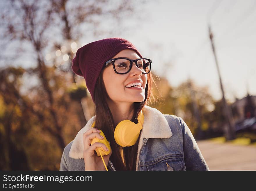 Close-up portrait of her she nice-looking attractive pretty lovely charming glad cheerful cheery girl enjoying spending