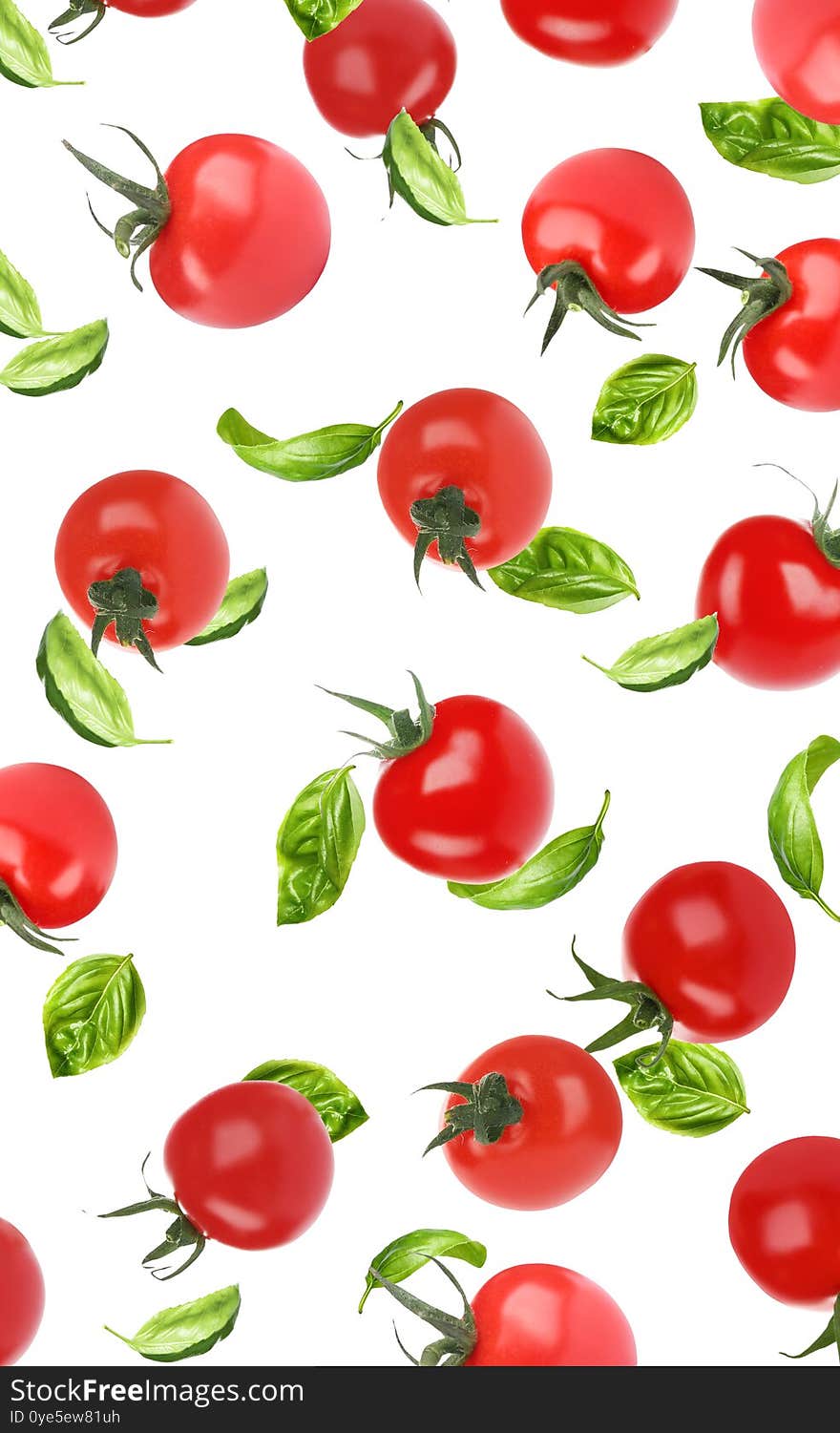 Many whole tomatoes and basil leaves falling on background