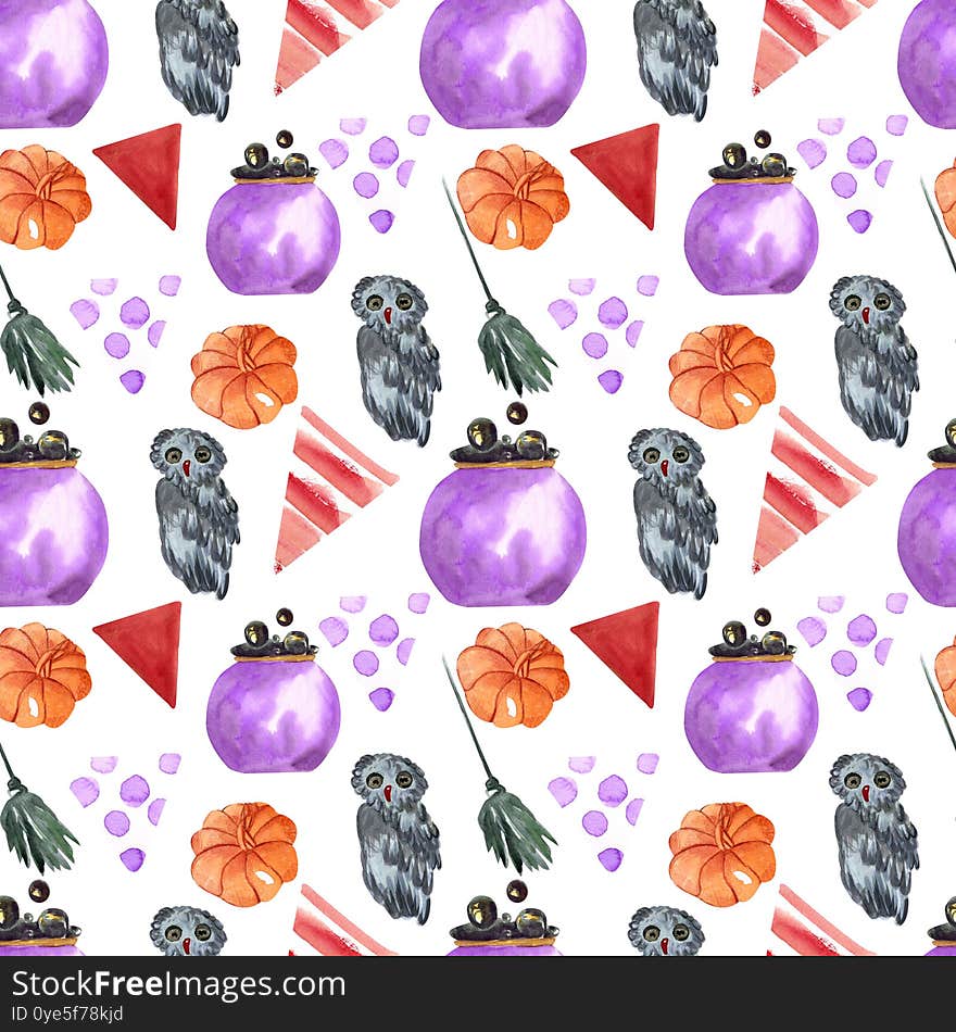 Halloween watercolor owl ghost mushroom  pattern on white background. For design, prints on fabric and paper